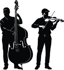 Musician silhouette, double bass and violin performance, classical string instruments, live concert, black vector art, music duo illustration, artistic harmony © Creative Art