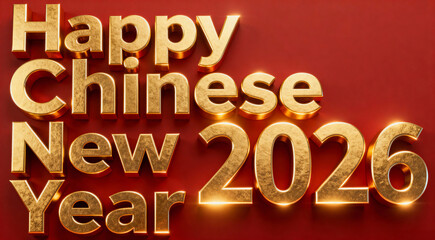 Happy Chinese New Year 2026 Greeting Text in 3D Gold on a Red Background