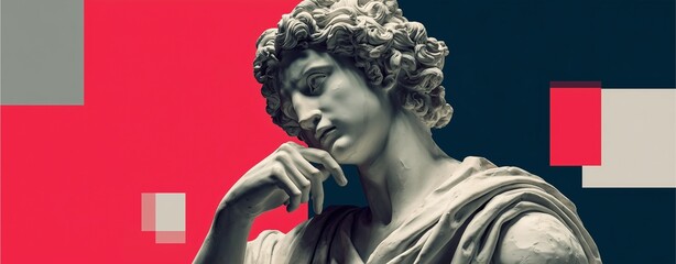 Timeless Marble Figure: A striking image captures a classical marble statue amidst a vibrant artistic background, blending history with modern design, emphasizing timeless beauty and thought.