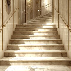 Luxury staircase design featuring cream marble tiles golden railings and artistic wall decor creating timeless elegant sophisticated architectural environment