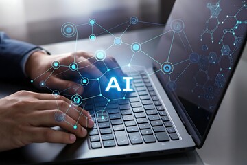 Close-up of hands typing on laptop keyboard, futuristic AI interface overlay, network connections, digital transformation, modern technology, business concept, innovative solution, professional