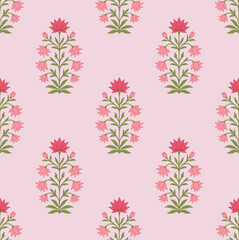 Mughal textile pattern with stylized pink flowers. Vintage flower pattern with ornamental blooms in pink and green tones.
