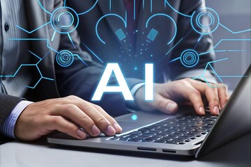 Close-up of hands using laptop, futuristic AI interface overlay, modern business technology concept, professional corporate setting, innovative digital solution, sleek design, bright blue accents