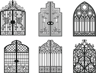 Ornate gate silhouette, decorative ironwork, vintage wrought design, gothic architecture, floral scroll pattern, elegant entrance, black vector illustration, symmetry