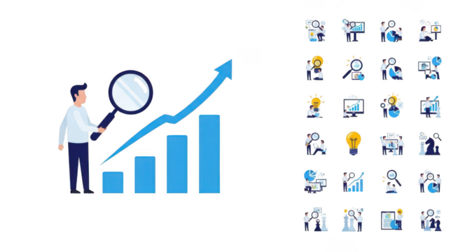 A man with a magnifying glass examines a rising bar graph and arrow, symbolizing business growth and analysis isolated on transparent background