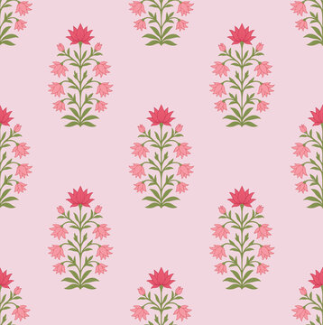 Mughal textile pattern with stylized pink flowers. Vintage flower pattern with ornamental blooms in pink and green tones.