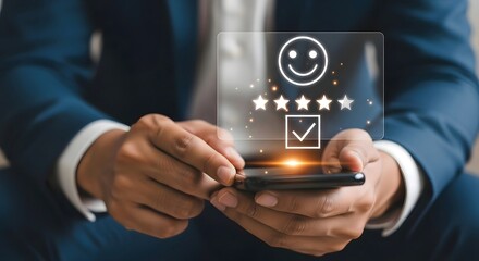 Person in suit holding smartphone with customer satisfaction feedback interface displayed on screen