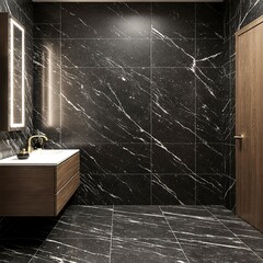 Modern bathroom vanity area with dark marble tiles wooden cabinetry and ambient lighting highlighting stylish sophisticated interior design