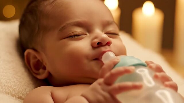Sweet indian infant baby contentedly feeding from a bottle capturing precious moments of newborn serenity