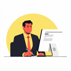 Modern flat vector illustration of a professional man at his desk, a successful business concept