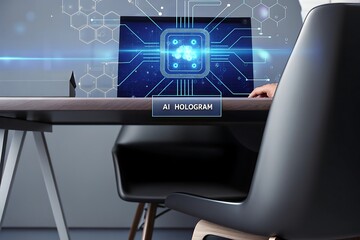 Modern AI Hologram Interface on Desktop Computer Screen, Futuristic Technology Concept, Sleek Minimalist Office Setting, Blue and Dark Tones, Professional Business Theme, Innovative Digital Solution