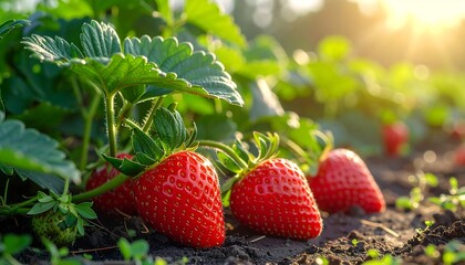 Fresh strawberries in a sunny field
