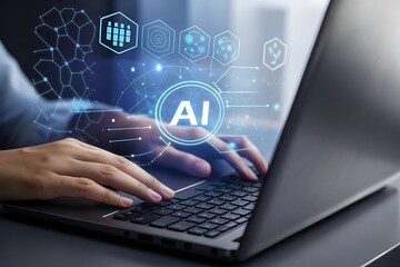 Close-up of hands using laptop, futuristic AI interface glowing, digital network connections, modern technology concept, innovative business solution, data analysis, seamless workflow, professional
