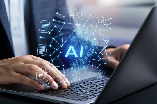 Businessman using laptop, futuristic AI interface, digital network, data analysis, glowing blue technology, modern workspace, innovative concept, seamless connection, efficient workflow, professional 