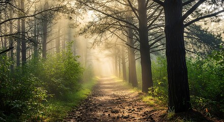 Fototapeta premium Sunlit Path Through Misty Forest With Tall Trees and Lush Greenery