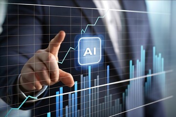 Businessman Interacting with AI-Powered Financial Dashboard Showing Upward Trend, Positive Growth, Technological Advancement, Data Analysis, Modern Business Technology, Strategic Planning, Future