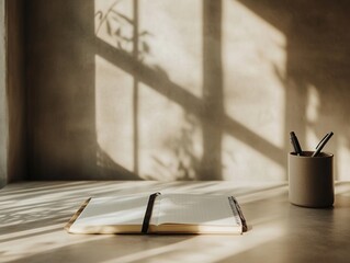 A minimalist workspace, with an open notebook and a pen placed precisely on the vast surface of a large, empty wooden desk, while soft morning light streams in through the nearby window.