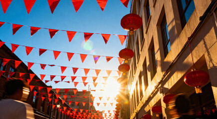Festive Chinatown Street Decorated with Red Lanterns and Flags for a Sunny Lunar New Year Celebration