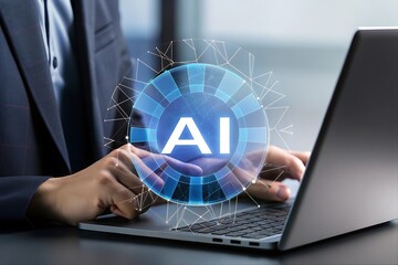 Businessman using laptop, futuristic AI interface, digital technology concept, modern professional, innovative solution, network connection, glowing blue hologram, clean design, corporate success