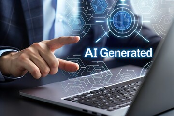 Businessman interacts with AI generated holographic interface on a laptop; futuristic technology, digital transformation, innovation concept; modern, clean, professional style; blue and white color