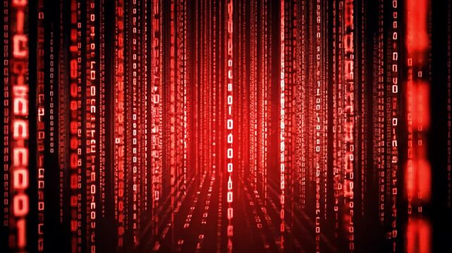 Digital Red Code: Abstract digital background with rows of binary code cascading downwards, evoking a sense of technological immersion. The vibrant red hue amplifies the futuristic, high-tech vibe.