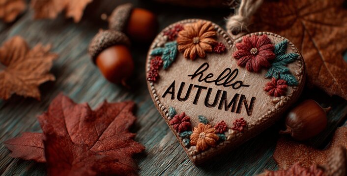 Hello autumn on a heart shaped wooden ornament with autumn flowers and acorns on a wooden surface