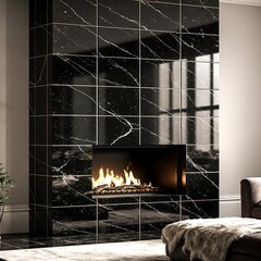 Living room fireplace design with black marble tiles metallic accents and warm lighting creating cozy stylish luxurious interior environment