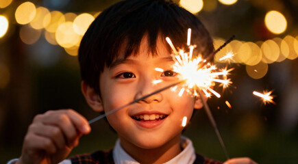 Happy Asian Child Celebrating with Sparklers During a Festive Holiday Night