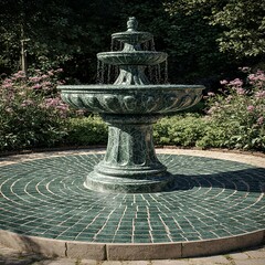 Outdoor garden fountain base designed with green marble tiles surrounded by flowers and lighting creating harmonious natural elegant environment