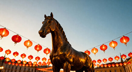 Horse Statue with Red Lanterns for Chinese New Year of the Horse Celebration