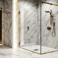 Luxury hotel bathroom with polished white marble tiles glass shower cabin and golden fixtures creating refined elegant modern hospitality atmosphere