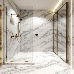 Luxury hotel bathroom with polished white marble tiles glass shower cabin and golden fixtures creating refined elegant modern hospitality atmosphere