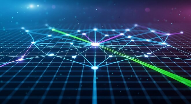 Abstract Futuristic Network Grid with Glowing Connections, Nodes, and Neon Lines