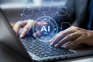 Close-up of hands typing on laptop keyboard, futuristic AI interface hologram, digital data flow, innovative technology concept, modern business, professional workflow, seamless integration