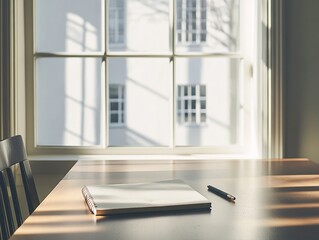 A minimalist workspace, with an open notebook and a pen placed precisely on the vast surface of a large, empty wooden desk, while soft morning light streams in through the nearby window.