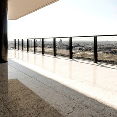 Outdoor balcony flooring designed with beige marble tiles stylish railing and city skyline view creating modern urban residential atmosphere