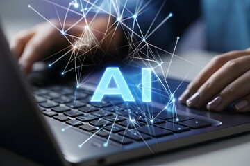 Close-up of hands typing on laptop keyboard, glowing AI symbol with futuristic network connections, innovative technology concept, digital transformation, modern business, artificial intelligence
