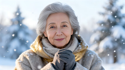 elderly woman enjoys a winter fairy tale: snowflakes, warm clothes and a calm landscape create an atmosphere of comfort and harmony. portrait of a happy lady