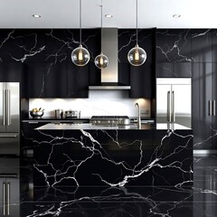 Kitchen island design with polished black marble tiles stainless steel appliances and pendant lights creating contemporary luxurious cooking atmosphere
