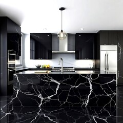 Kitchen island design with polished black marble tiles stainless steel appliances and pendant lights creating contemporary luxurious cooking atmosphere