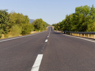 Road leading straight up a hill, trees lining the empty highway