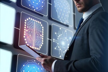 Businessman using tablet, futuristic interface displays neural network, AI, digital brain, technological innovation, serious mood, corporate setting, modern technology, data analysis, strategic