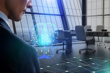 Businessman in modern office interacting with futuristic holographic network interface; innovative technology concept; digital transformation; data visualization; abstract glowing connections