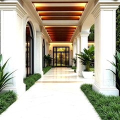 Outdoor luxury pathway designed with cream marble tiles ambient lighting and surrounding greenery creating warm elegant modern residential environment