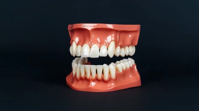 Realistic dental model showcasing upper and lower jaw with detailed teeth and gums on a dark background for educational use 4k video footage
