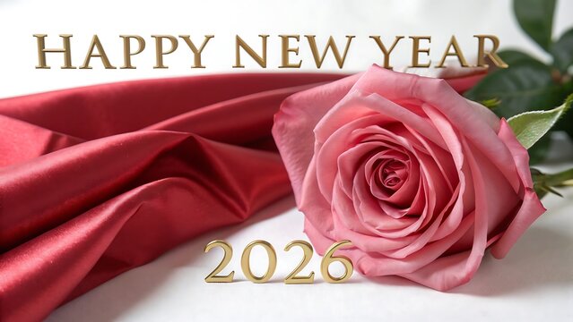 happy new year 2026 with a pink rose and red silk fabric, conveying a sense of celebration