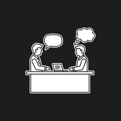 Two people having a conversation or meeting at a desk with a laptop, depicted in a white outline icon style on a black background.