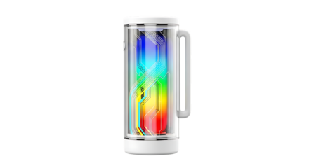 Futuristic white mug with colorful circuit board design Keywords: mug, cup, drinkware, beverage