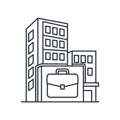 An illustration of a briefcase superimposed on a modern office building, symbolizing business and corporate work.