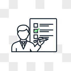 Line art icon of a professional in a suit pointing to a completed task on a checklist with a green checkmark.